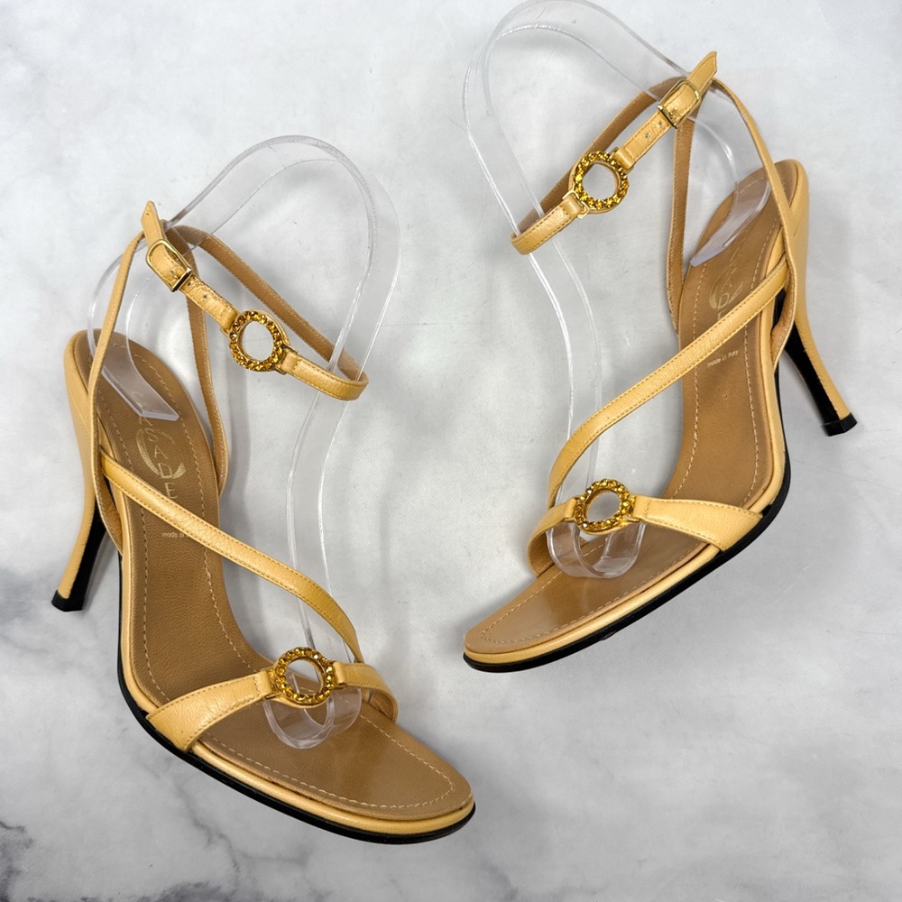 NEW Casadei Vintage 90s Y2K Rhinestone Strappy Leather Sandal Heels Yellow Retro